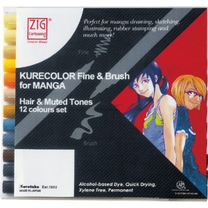 KURETAKE Pisaki Fine & Brush for Manga 12 kol HAIR & MUTED TONES