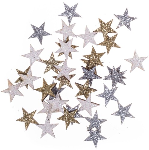 DREWNIANE BROKATOWE GWIAZDKI - DWUSTRONNE 1,4 CM, 36 SZT. ZŁOTY, SREBRNY, BIAŁY.jpg