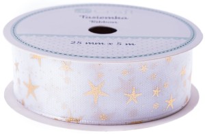 DPCRAFT Tasiemka wstążka ozdobna świąteczna 25 mm x 5 m White Christmas Gwiazdki