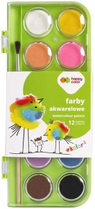 HAPPY COLOR Farby akwarelowe szkolne 12 kolorów 28 mm + pędzelek
