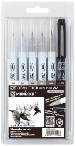 KURETAKE Pisaki pędzelkowe ZIG Clean Color Real Brush + cienkopis Mangaka 6 sztuk