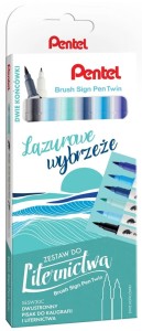 PENTEL Pisaki dwustronne pędzelkowe brush Sign Pen Twin 6 kol Lazurowe Wybrzeże