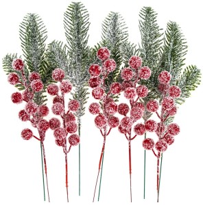 DPCRAFT Szronione gałązki dekoracyjne 26 cm 10 szt Sosna i czerwone owoce